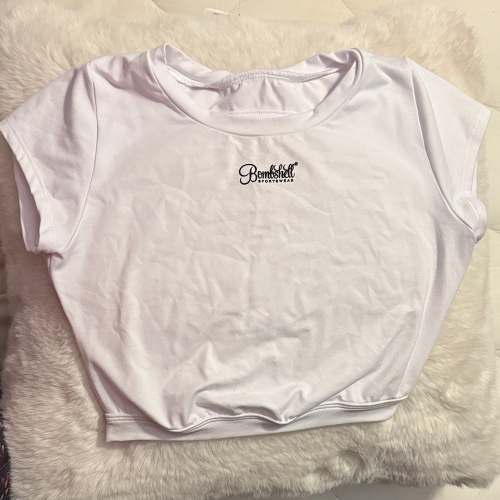 Bombshell Muscl Back Tee-White Logo Crop Top/open back